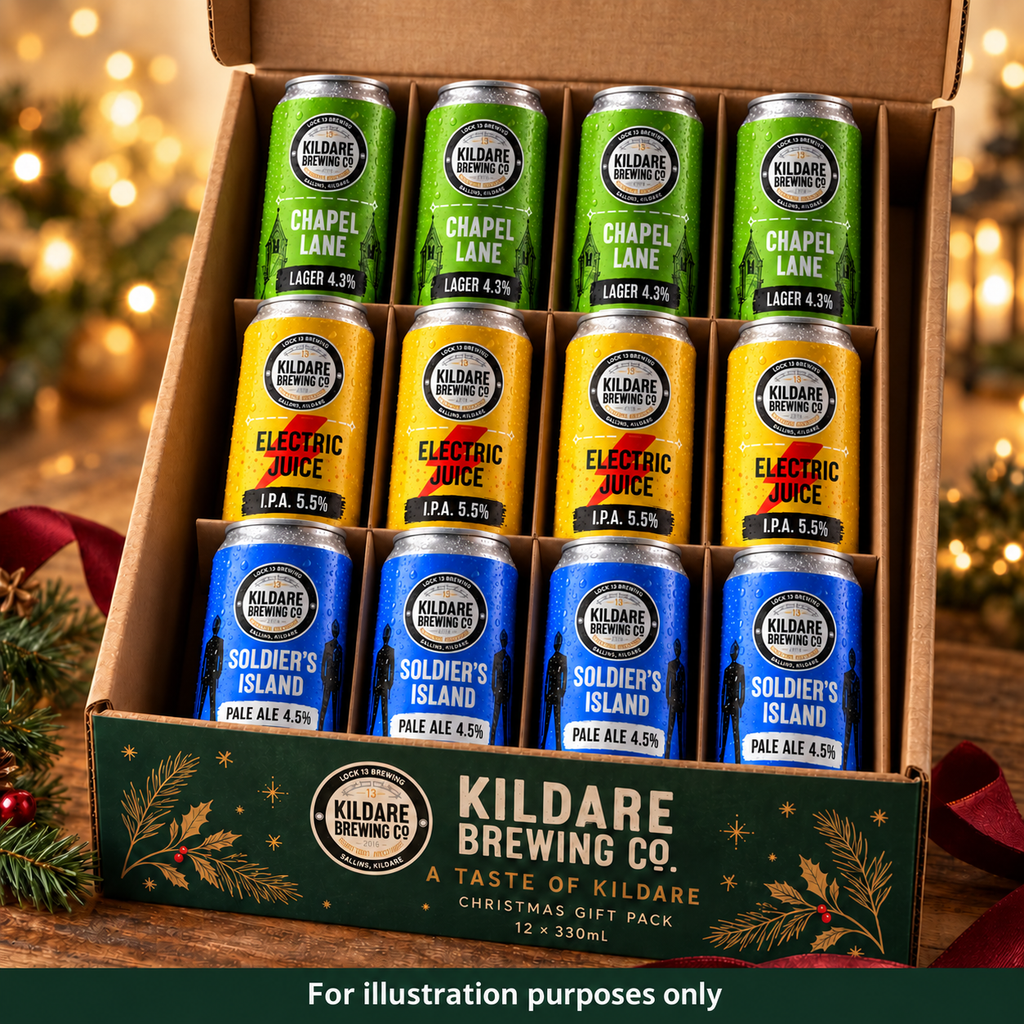 Illustration of KBC Christmas gift box with four Lager, four Electric Juice IPA and four Pale Ale sleek cans. For illustration purposes only.
